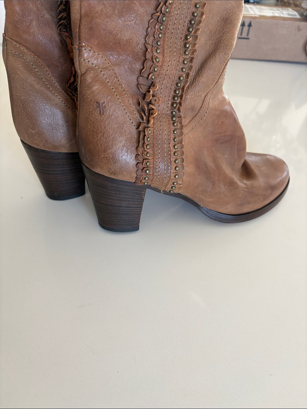 Frye Cognac Brown Scallop Studded Trim Leather Knee High Boots - Picture 17 of 17